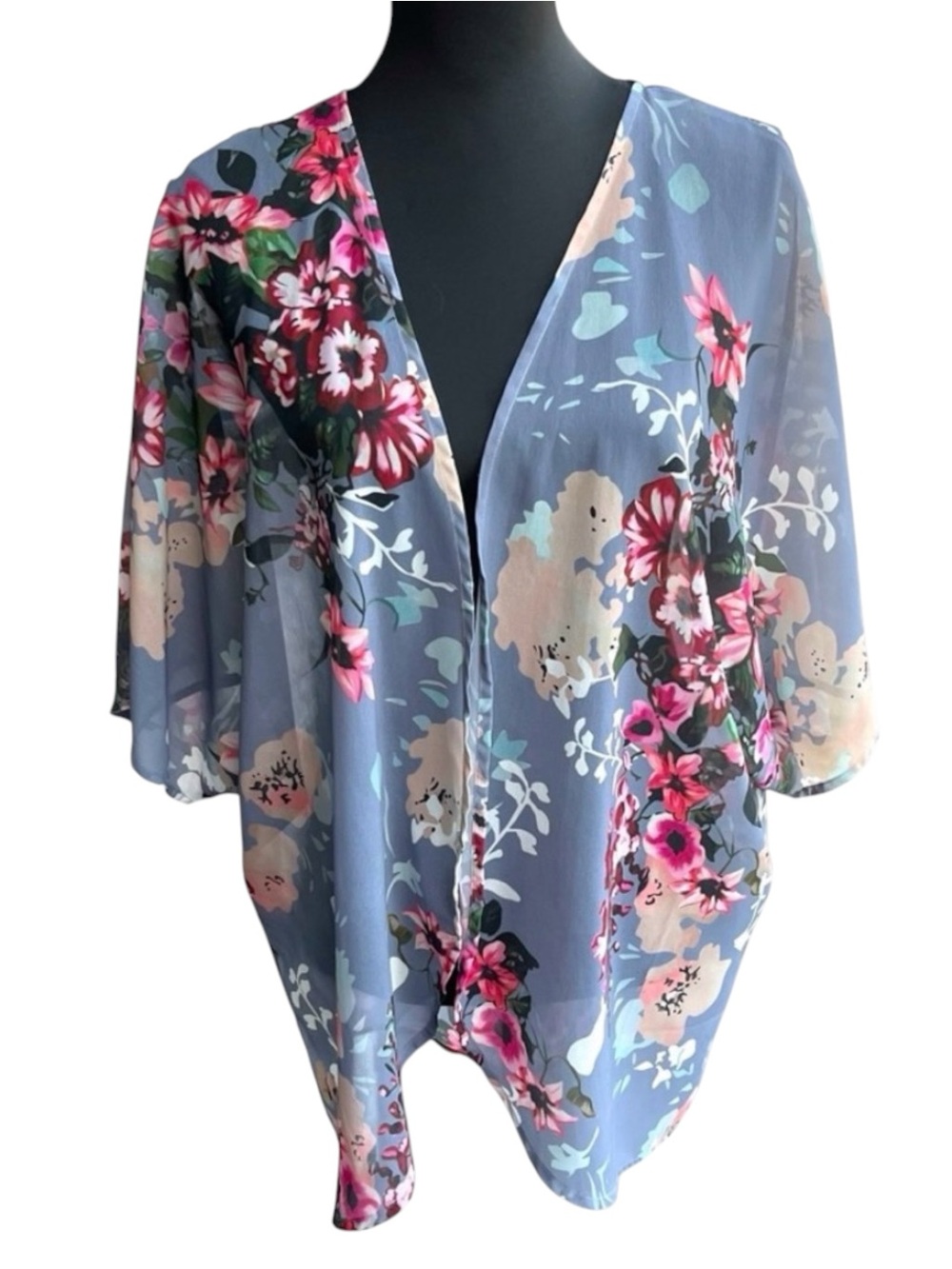 Grey/Pink Floral Sheer Cover Up Kimono Cardigan Top (M)